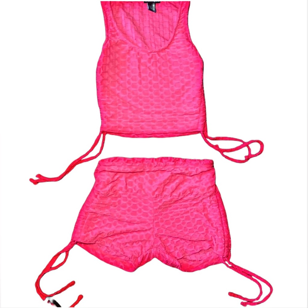 LOVE STREAK matching neon pink set with drawstring sides on top and bottoms